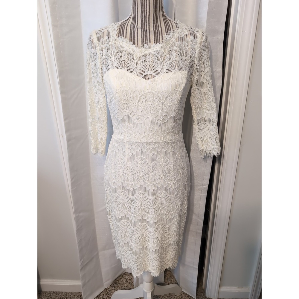 DB Studio David's Bridal Short Lace Overlay Ivory Wedding Dress 3/4 Sleeve Sz‎ 4